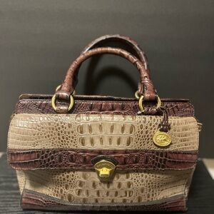 Brahmin Two-Tone Brown and Cream Croc Embossed Satchel